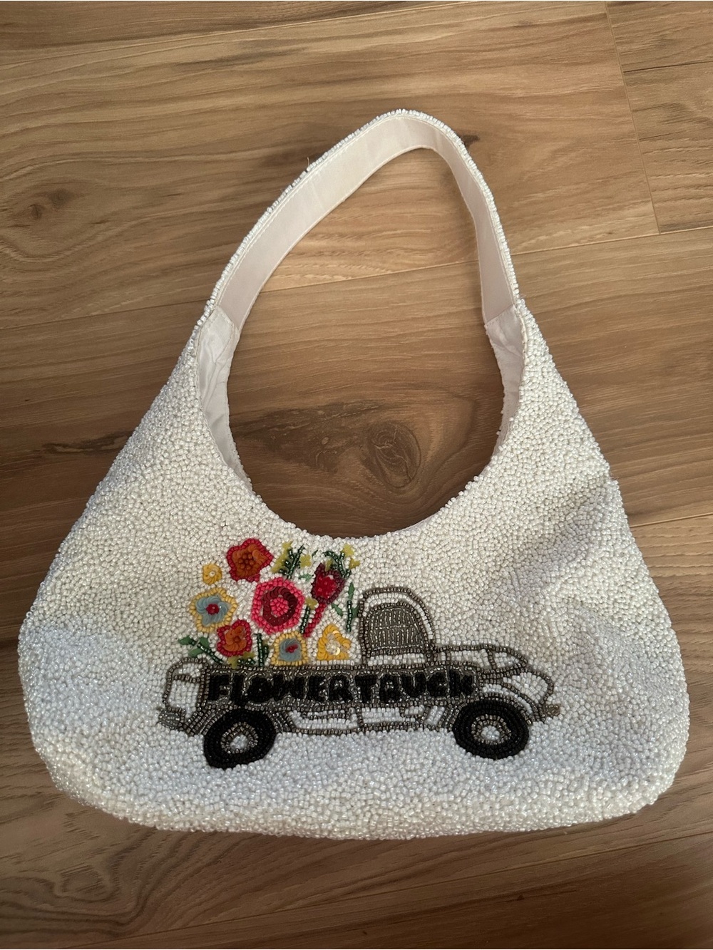 White Beaded 'Flower Truck' Embellished Shoulder Bag